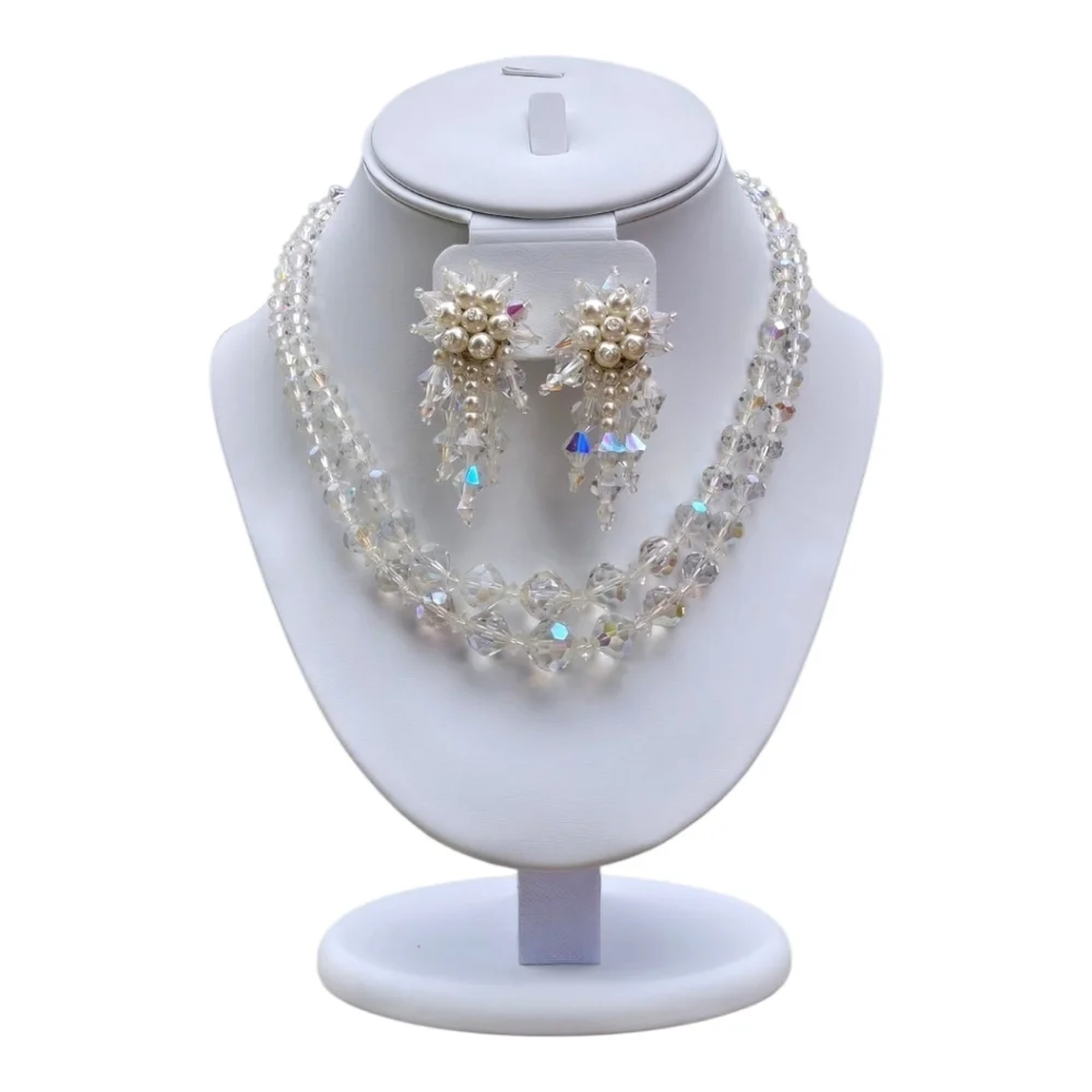 Vintage Crystal Necklace and Crystal Fuax Pearl Earrings Jewelry Set
